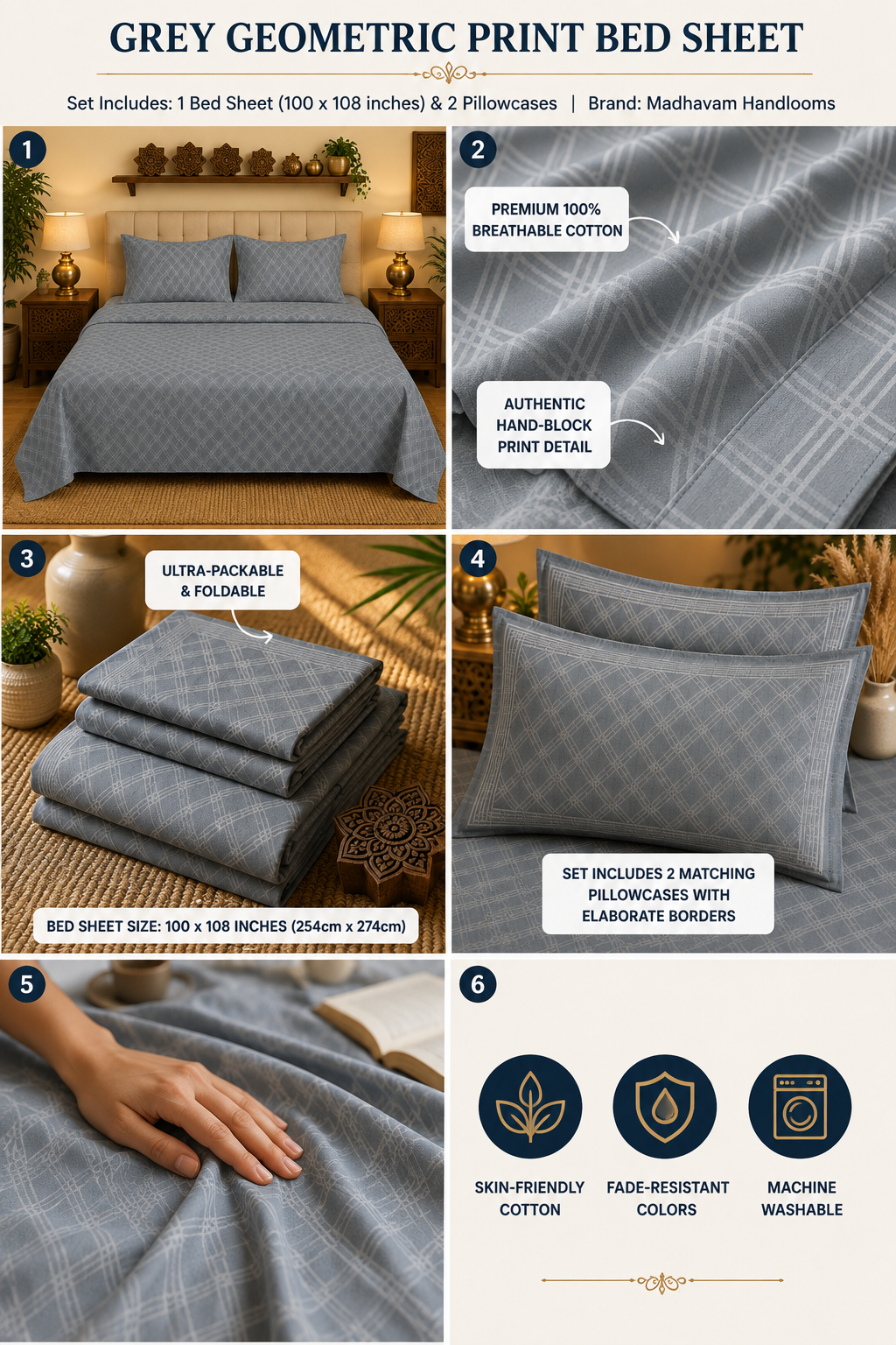 Madhavam Handlooms Slate Grey Geometric Print King Size Bedsheet Set