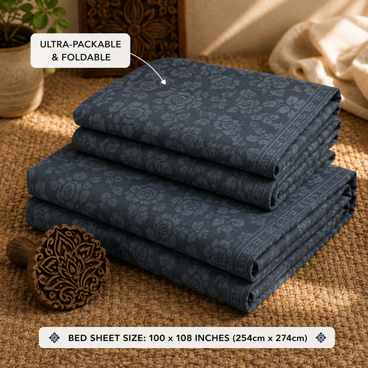 Slate Blue Floral Handloom King Bedsheet Set | Traditional Sanganeri Collection
