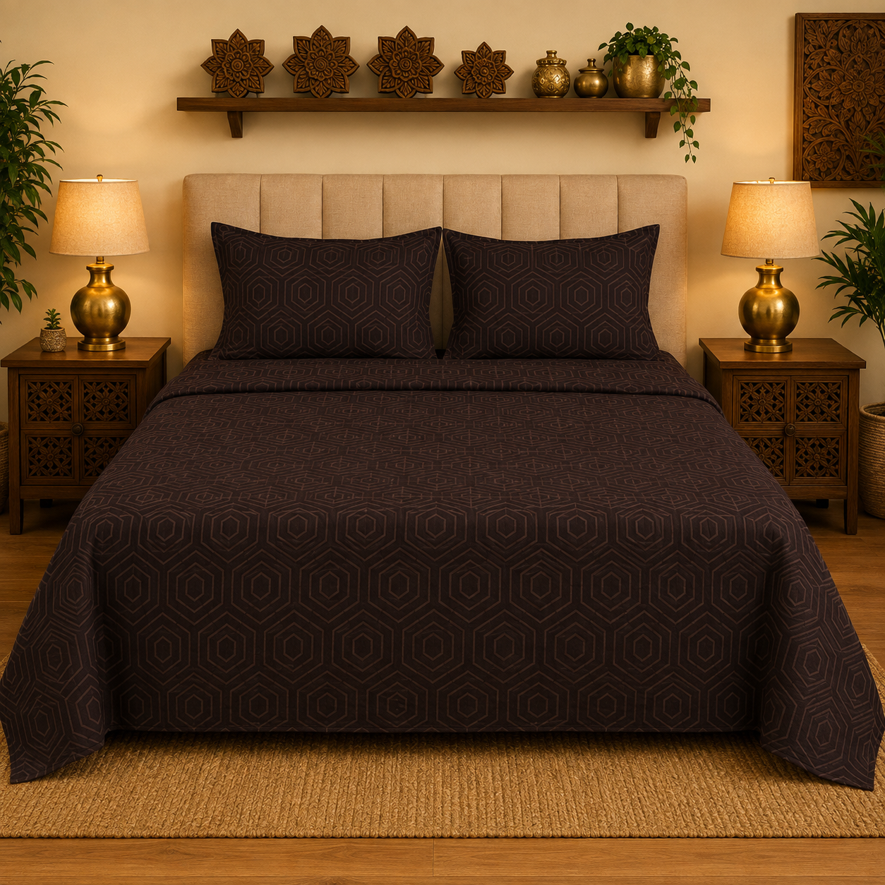 Madhavam Handlooms Brown Geometric Premium King Size Bedsheet Set
