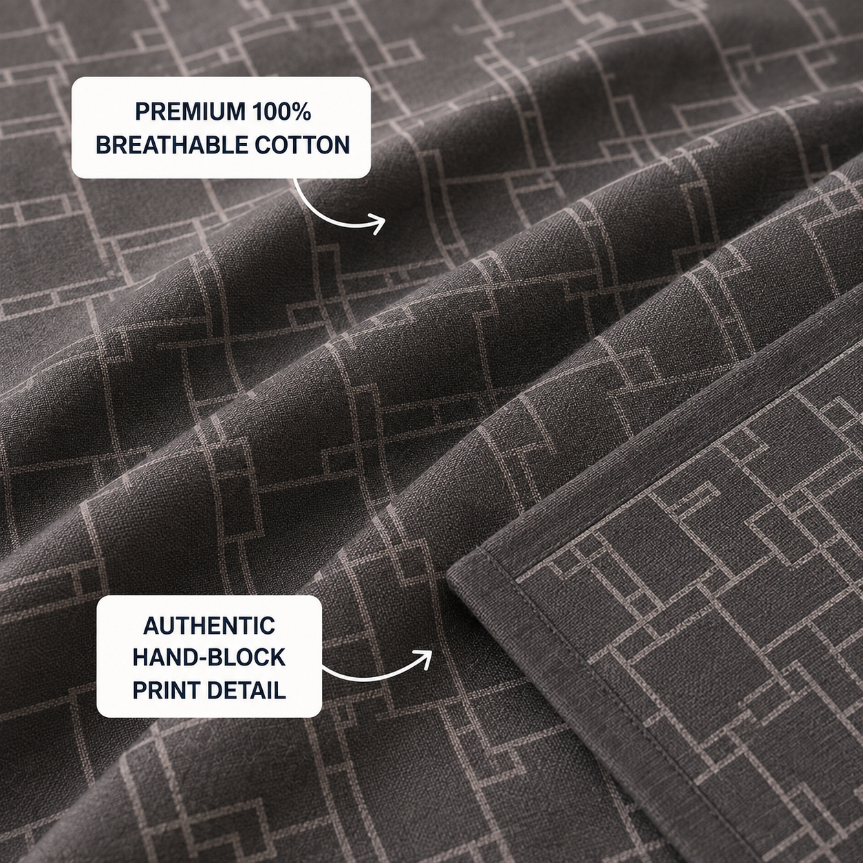 Madhavam Handlooms Charcoal Grey Geometric Print King Size Bedsheet