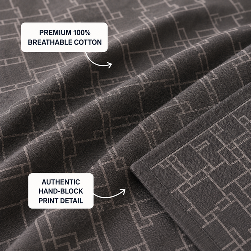 Madhavam Handlooms Charcoal Grey Geometric Print King Size Bedsheet