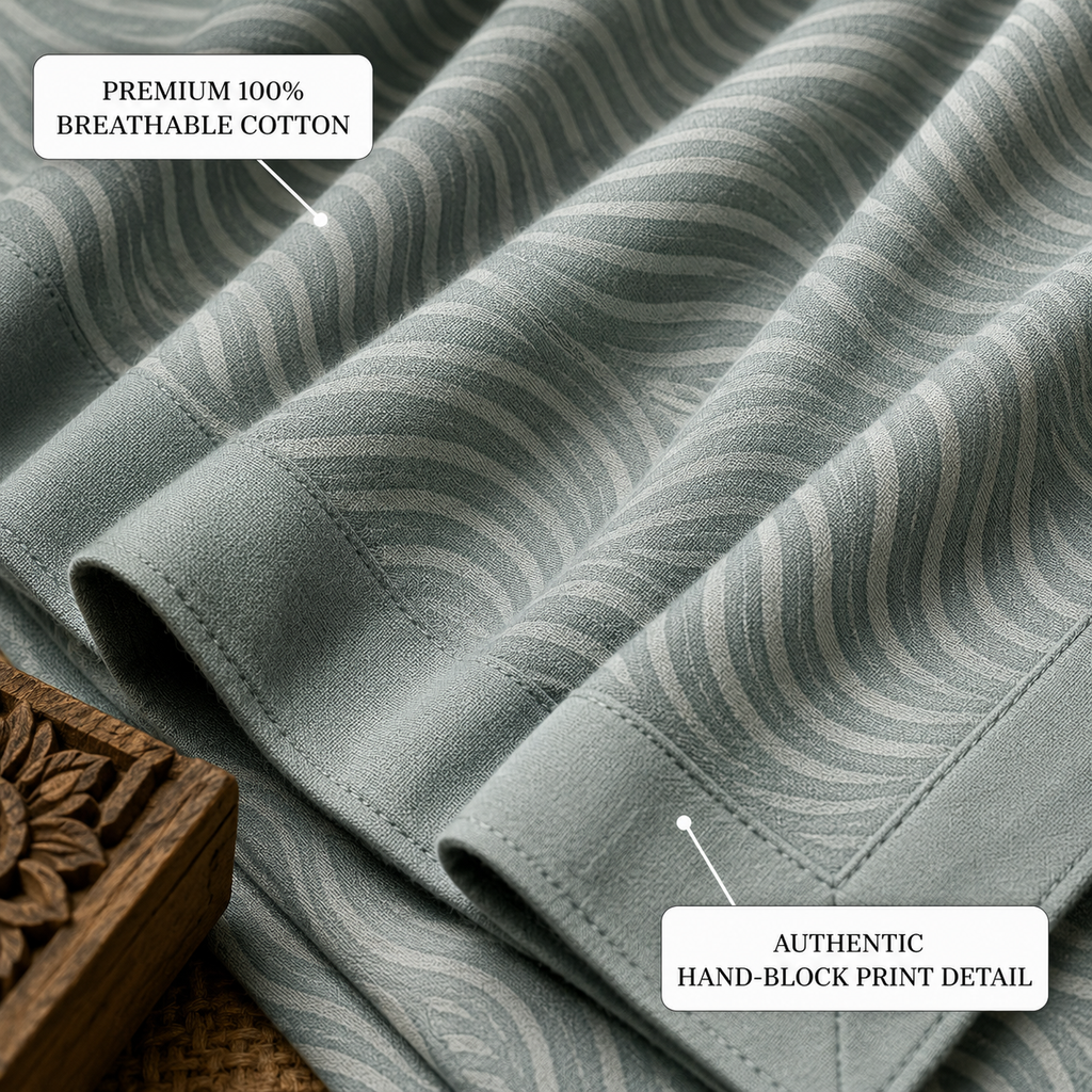 Sage Green Textured Handwoven Bedsheet - Premium Cotton with Wave Pattern