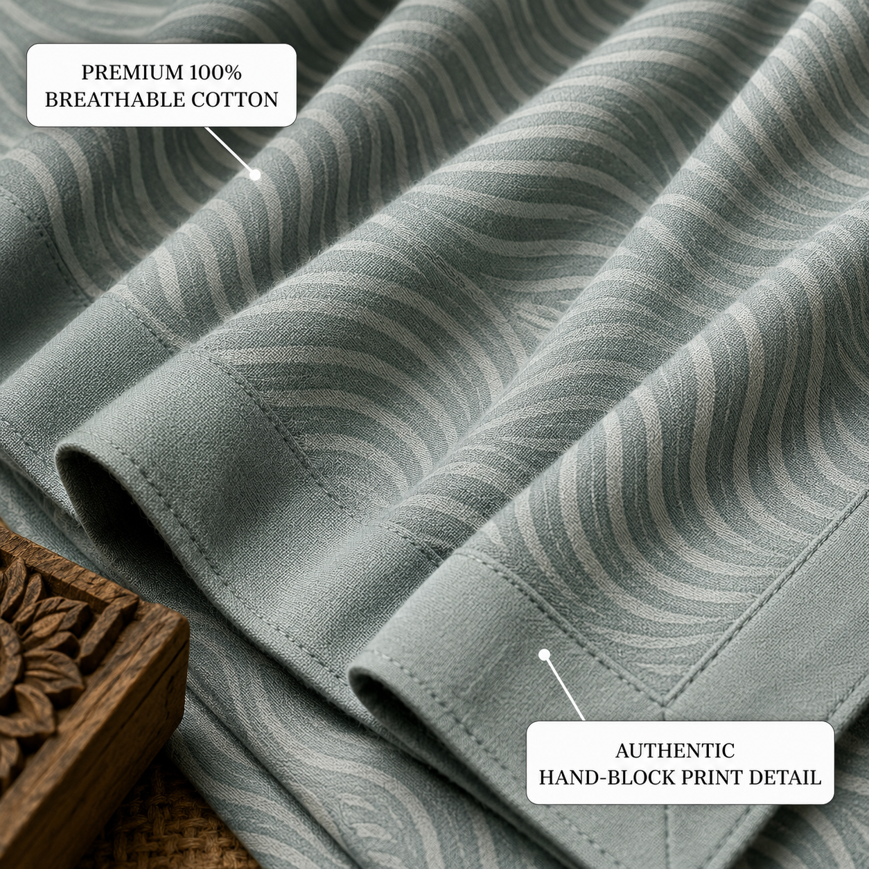 Sage Green Textured Handwoven Bedsheet - Premium Cotton with Wave Pattern