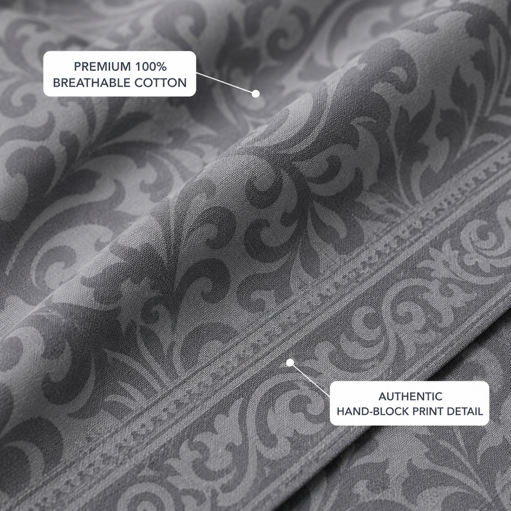 Charcoal Grey Damask Handloom King Bedsheet Set | Luxury Sanganeri Collection