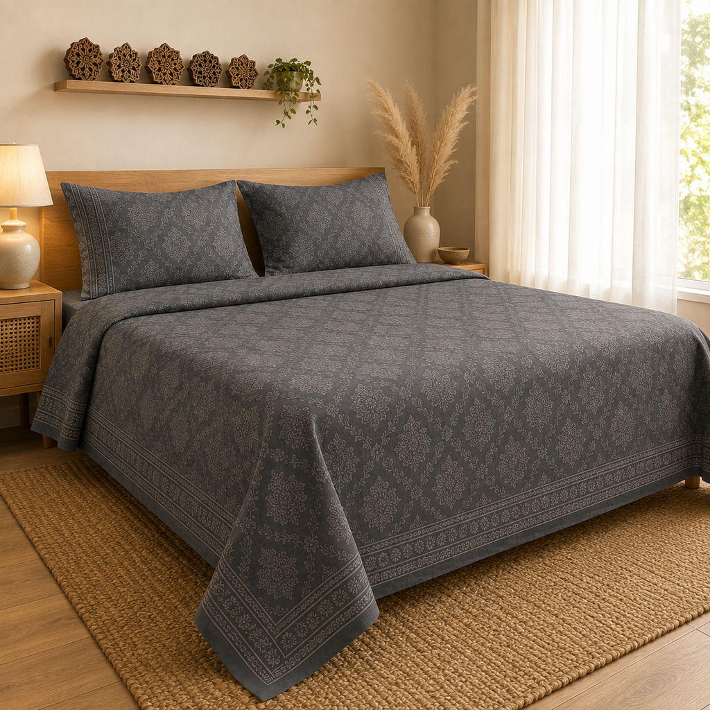Madhavam Handlooms Grey Floral Damask Printed Cotton Bedsheet with 2 Pillow Covers
