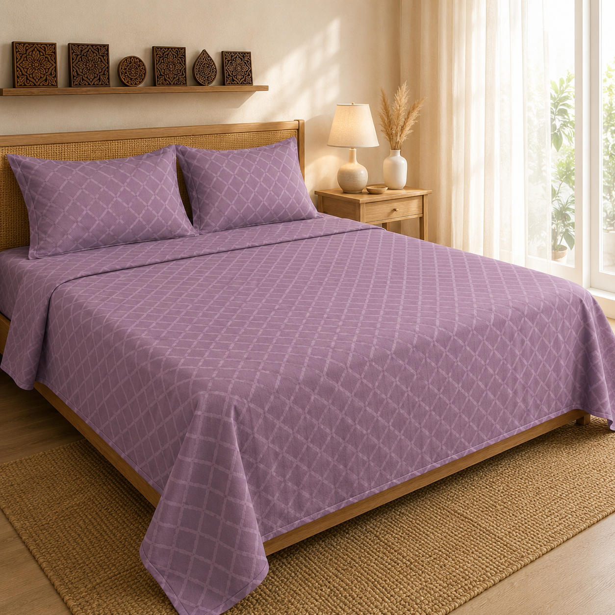 Mauve Quilted Handloom King Bedsheet Set | Premium Sanganeri Comfort Collection