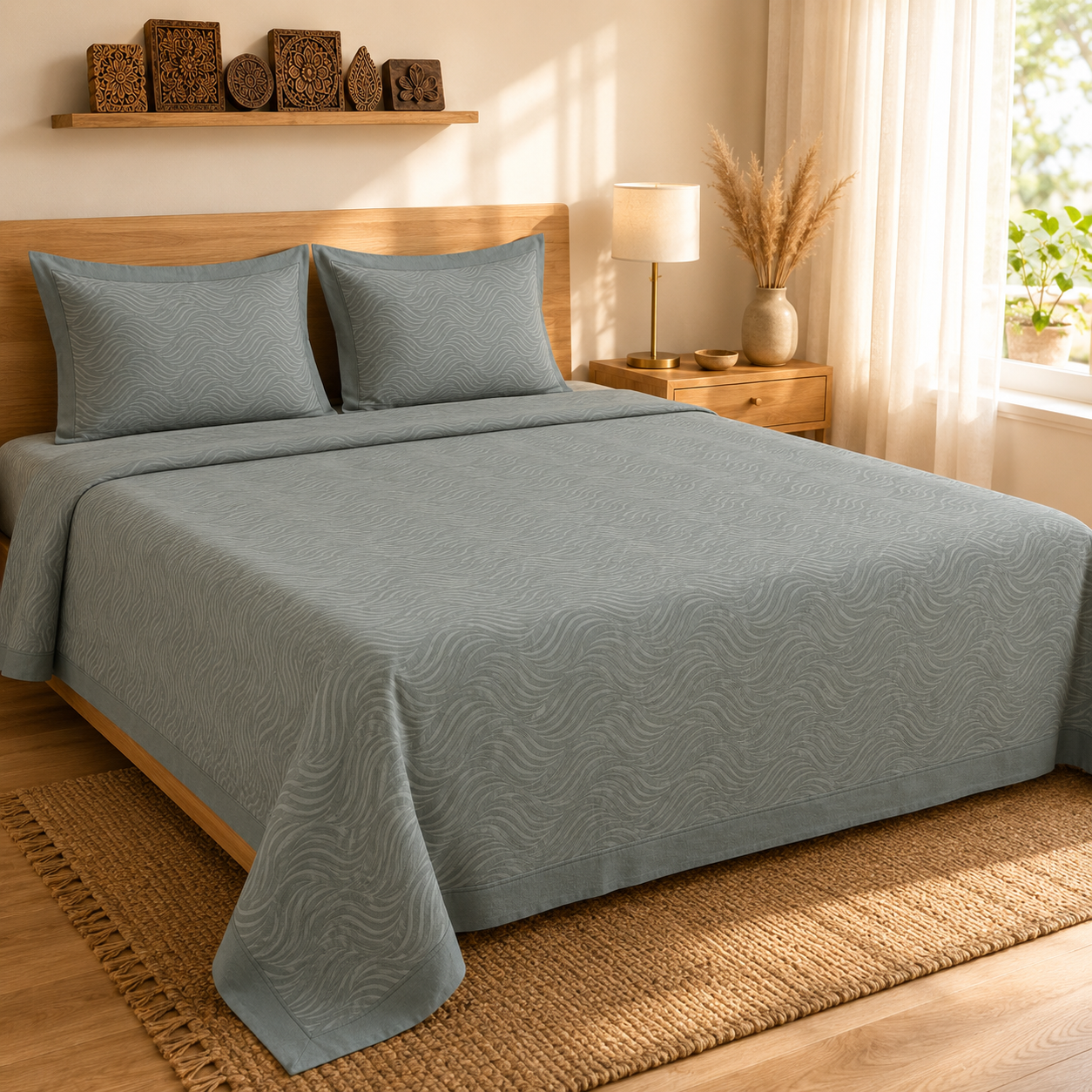 Sage Green Textured Handwoven Bedsheet - Premium Cotton with Wave Pattern
