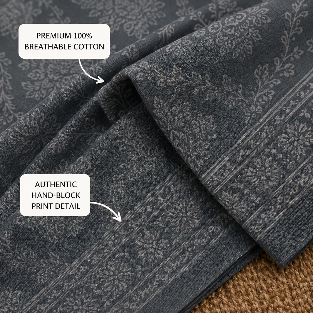 Madhavam Handlooms Grey Floral Damask Printed Cotton Bedsheet with 2 Pillow Covers