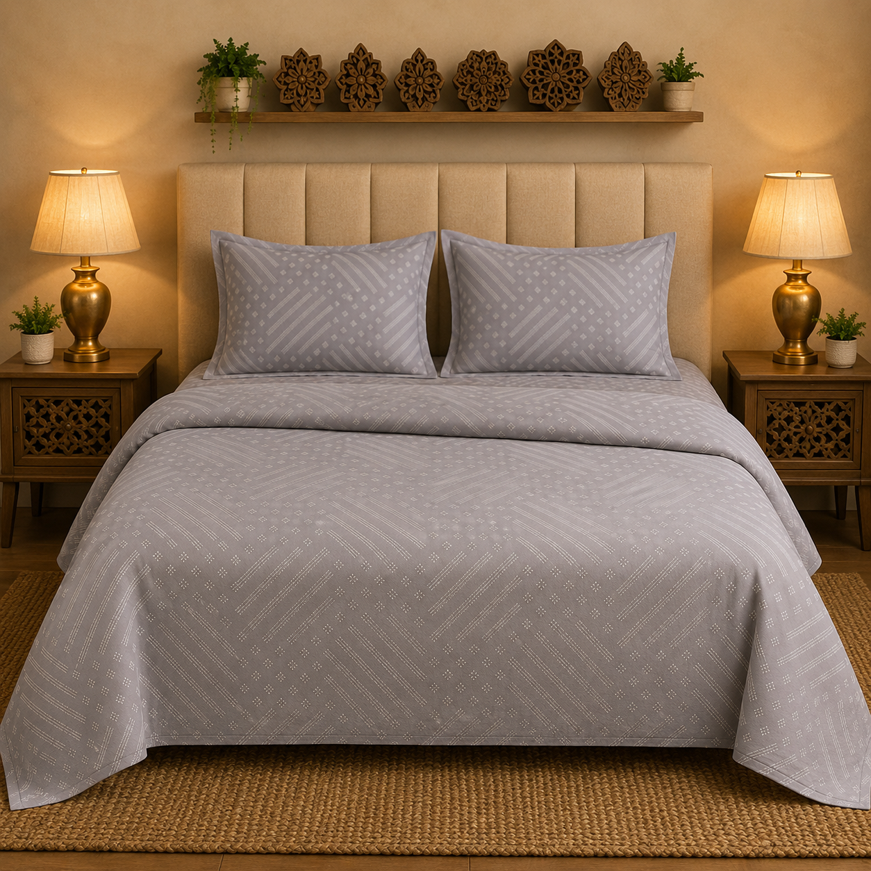 Madhavam Handlooms Elegant Grey Geometric Printed King Size Bedsheet Set