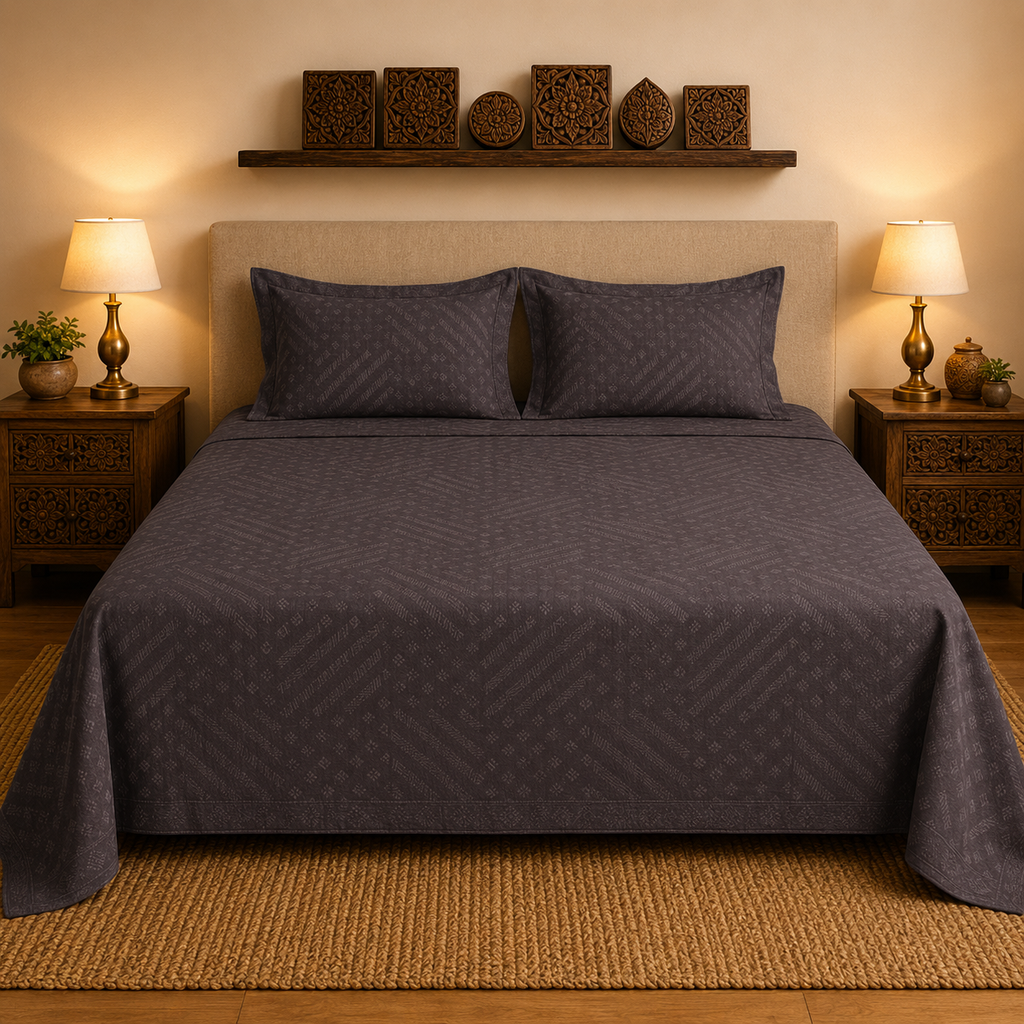 Madhavam Handlooms Charcoal Grey Textured Bedsheet | Premium Handwoven Cotton with Geometric Pattern