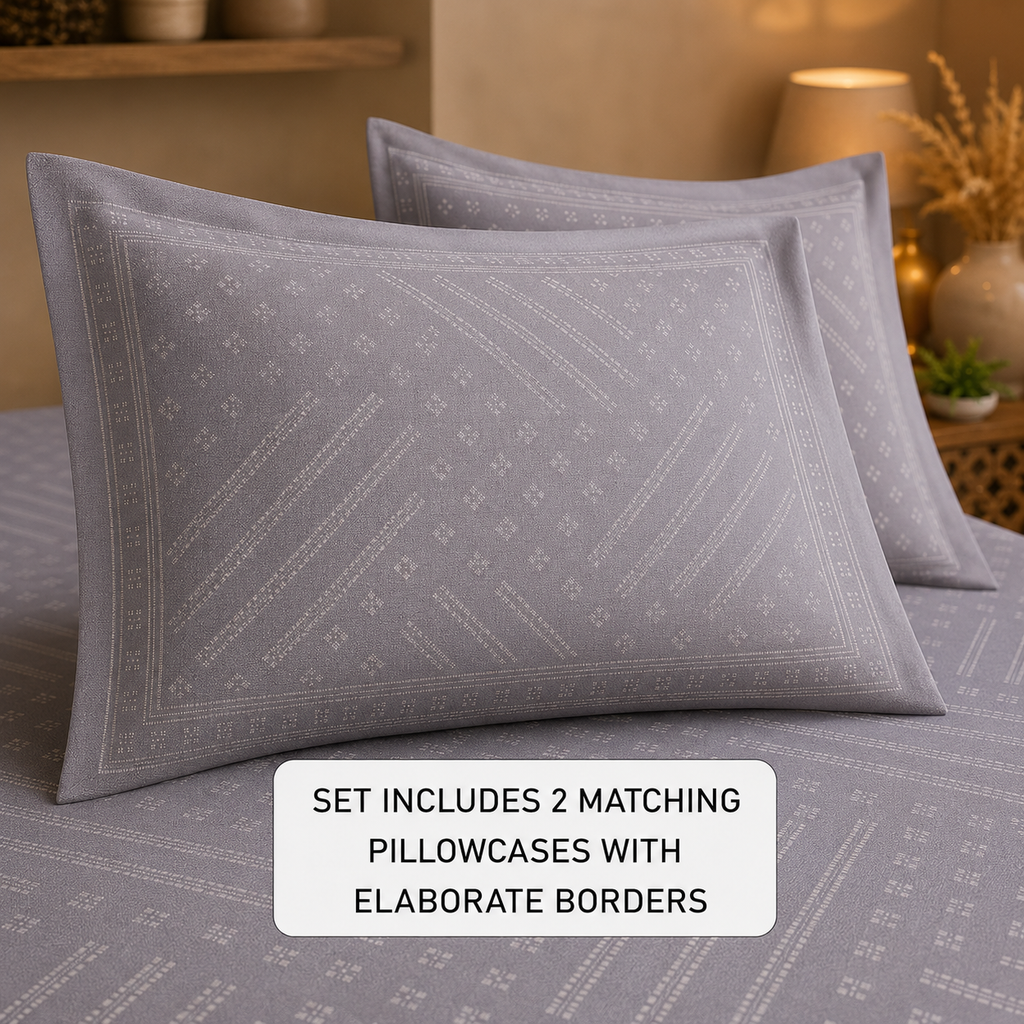 Madhavam Handlooms Elegant Grey Geometric Printed King Size Bedsheet Set