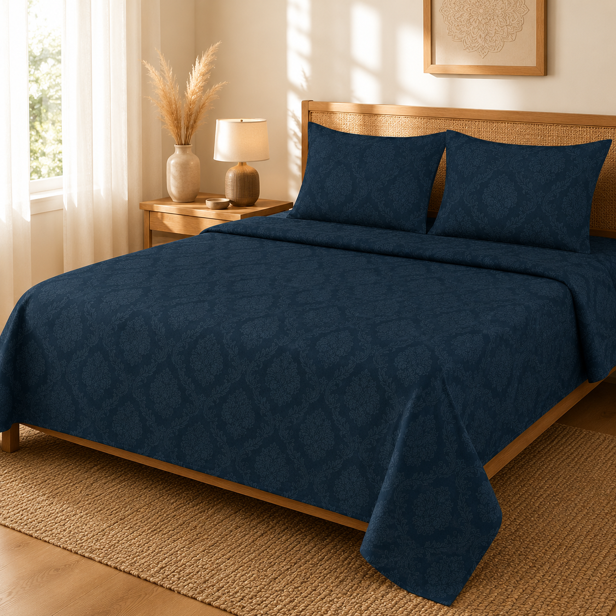 Madhavam Handlooms Royal Navy Floral Jaipuri Pattern King Size Bedsheet