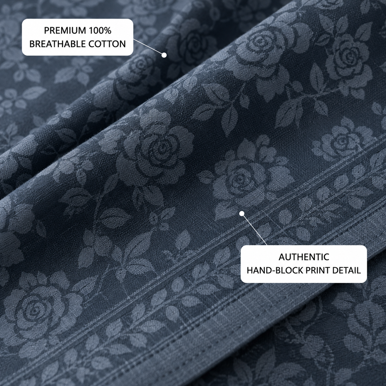 Slate Blue Floral Handloom King Bedsheet Set | Traditional Sanganeri Collection