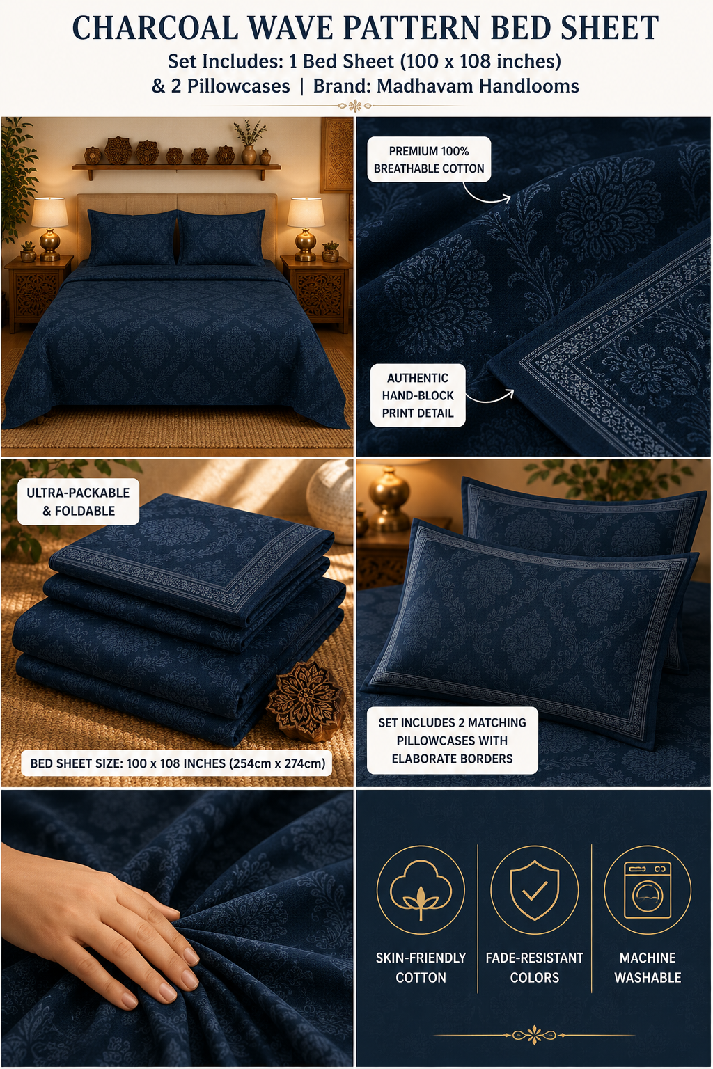 Madhavam Handlooms Royal Navy Floral Jaipuri Pattern King Size Bedsheet