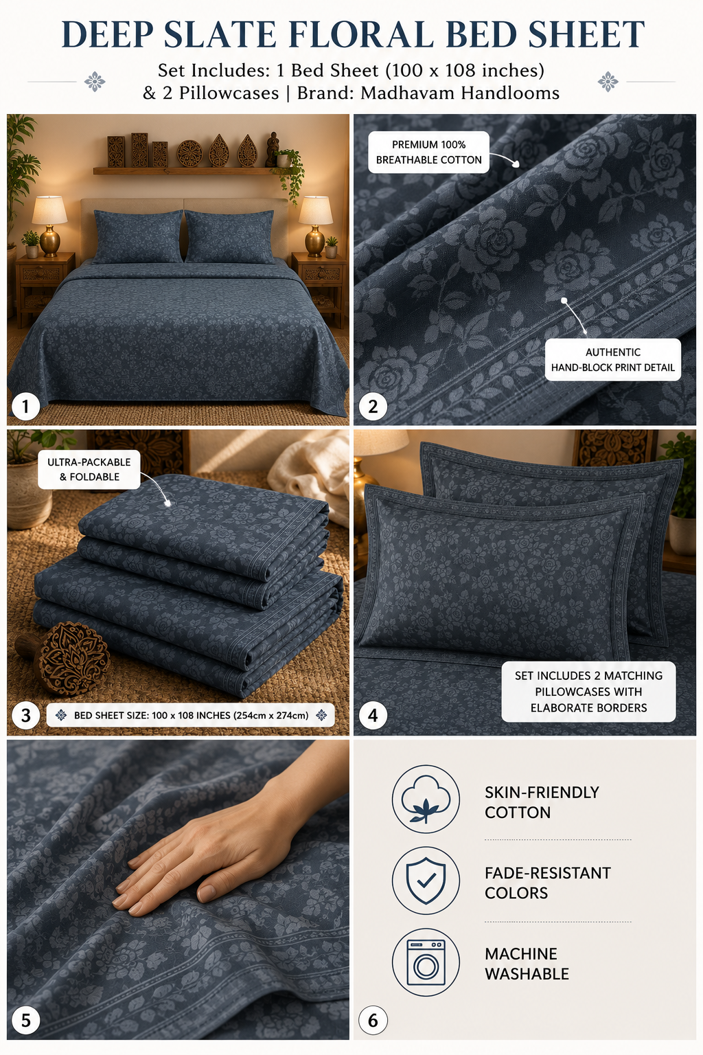 Slate Blue Floral Handloom King Bedsheet Set | Traditional Sanganeri Collection