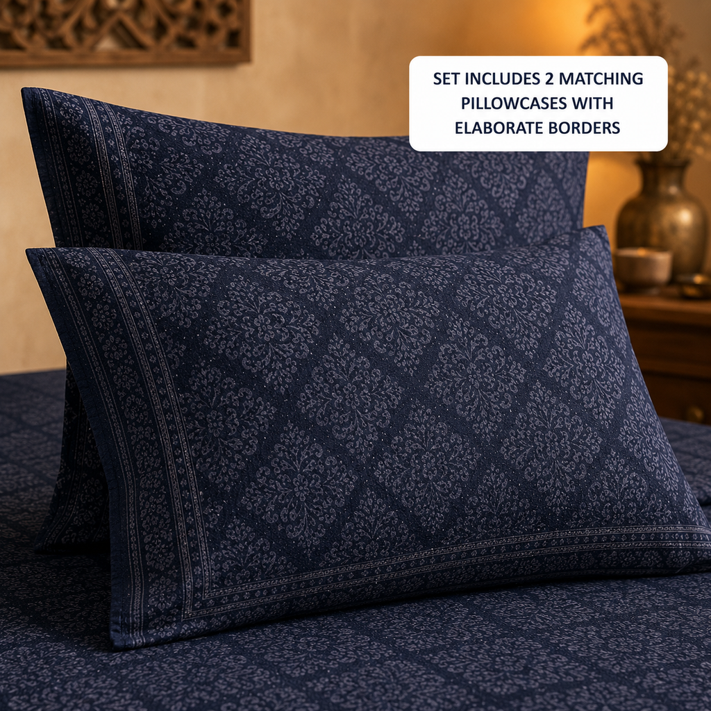 Navy Blue Diamond Handloom King Bedsheet Set | Contemporary Sanganeri Collection
