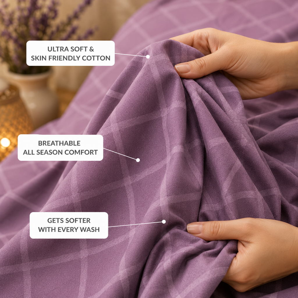 Mauve Quilted Handloom King Bedsheet Set | Premium Sanganeri Comfort Collection