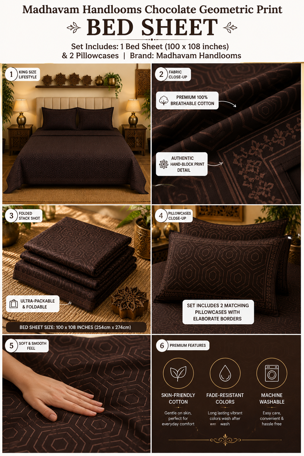 Madhavam Handlooms Brown Geometric Premium King Size Bedsheet Set
