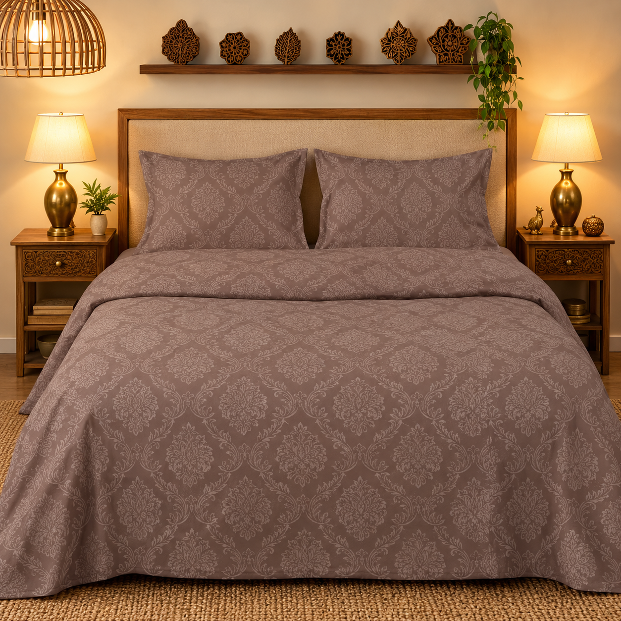 Taupe Damask Handloom King Bedsheet Set | Classic Sanganeri Collection