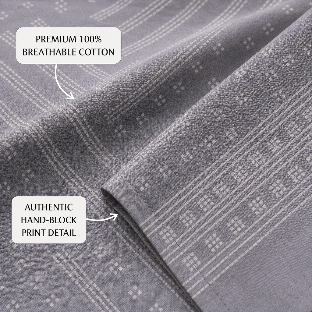 Madhavam Handlooms Elegant Grey Geometric Printed King Size Bedsheet Set
