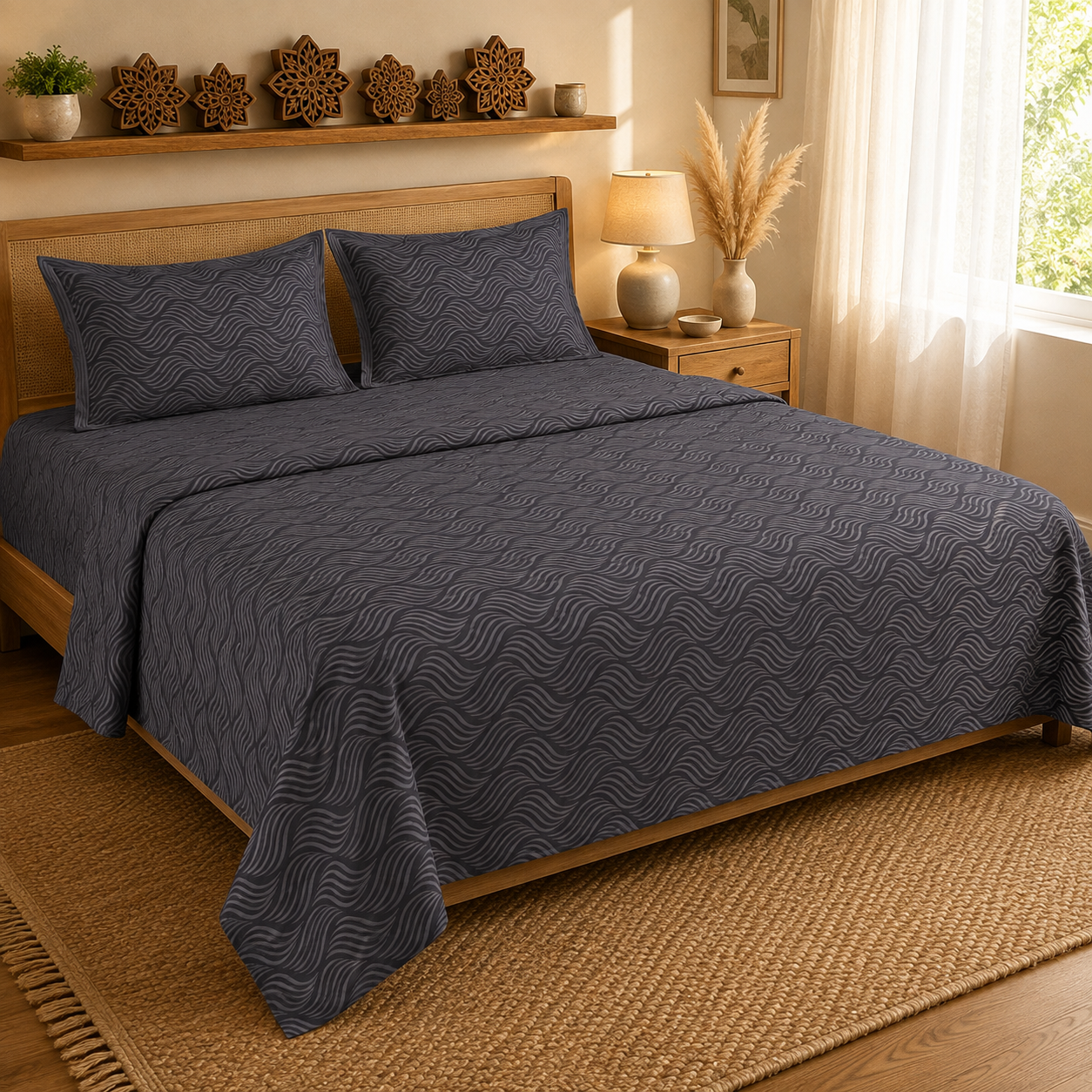 Madhavam Handlooms Charcoal Wave Pattern Premium Cotton King Size Bedsheet