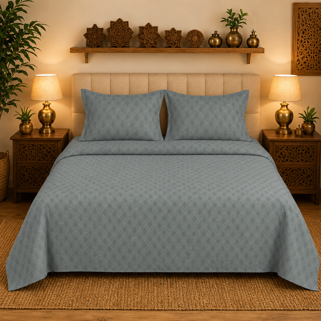 Madhavam Handlooms Slate Grey Geometric Print King Size Bedsheet Set