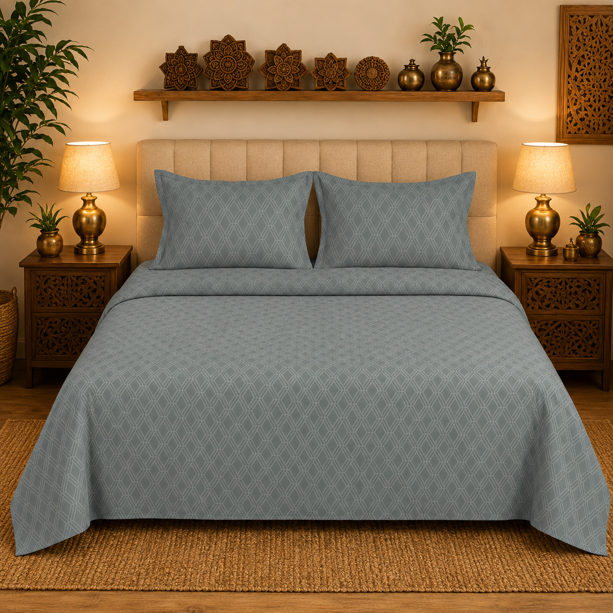 Madhavam Handlooms Slate Grey Geometric Print King Size Bedsheet Set
