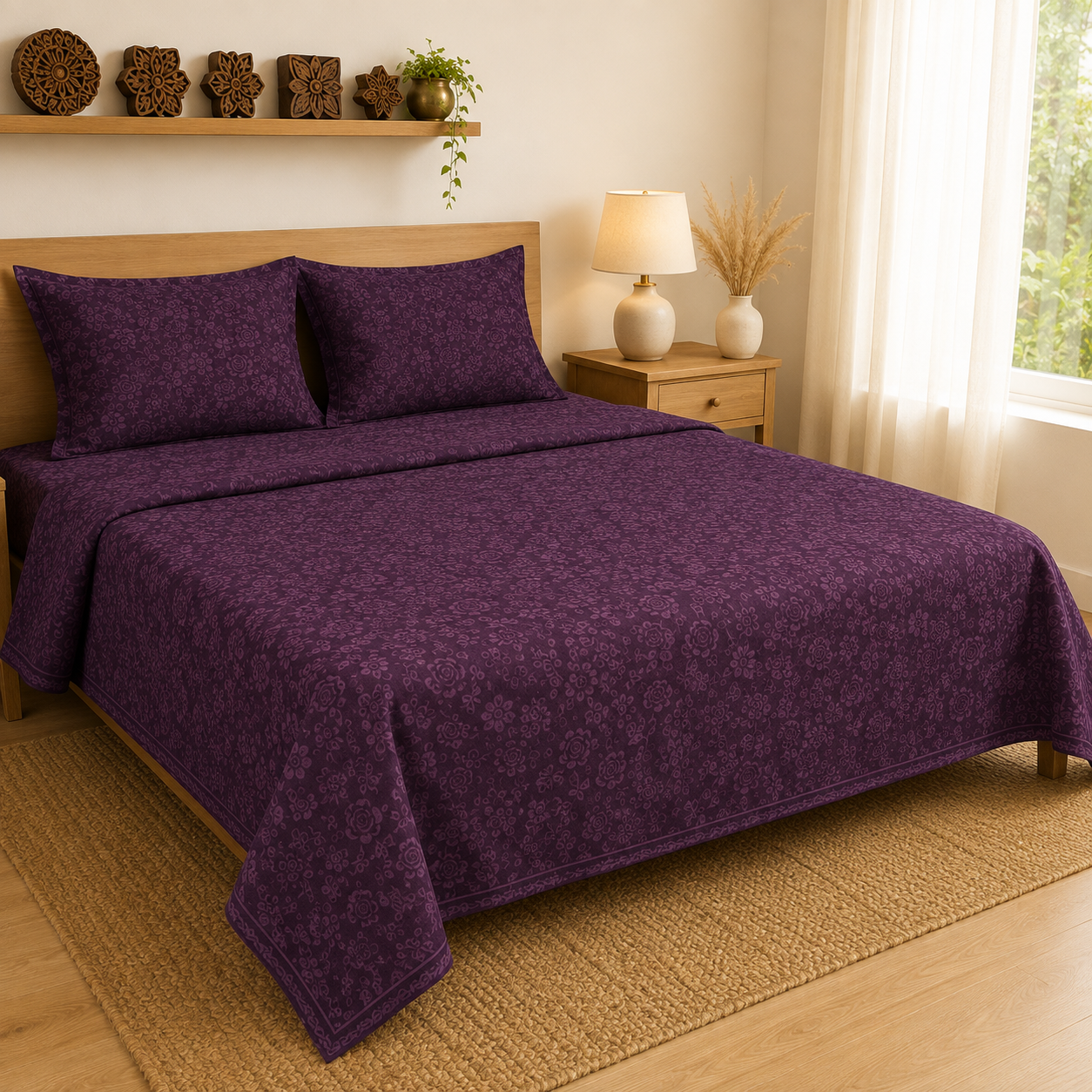 Madhavam Handlooms Deep Plum Floral Premium King Size Bedsheet Set