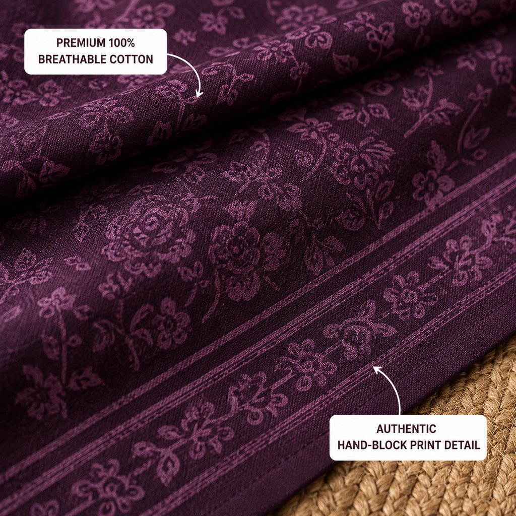 Madhavam Handlooms Deep Plum Floral Premium King Size Bedsheet Set