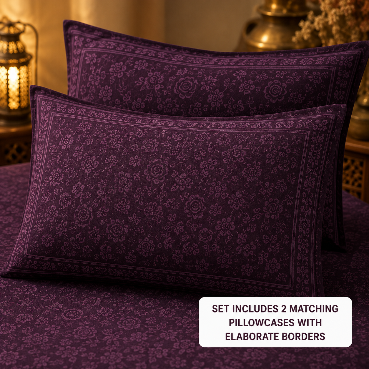Madhavam Handlooms Deep Plum Floral Premium King Size Bedsheet Set