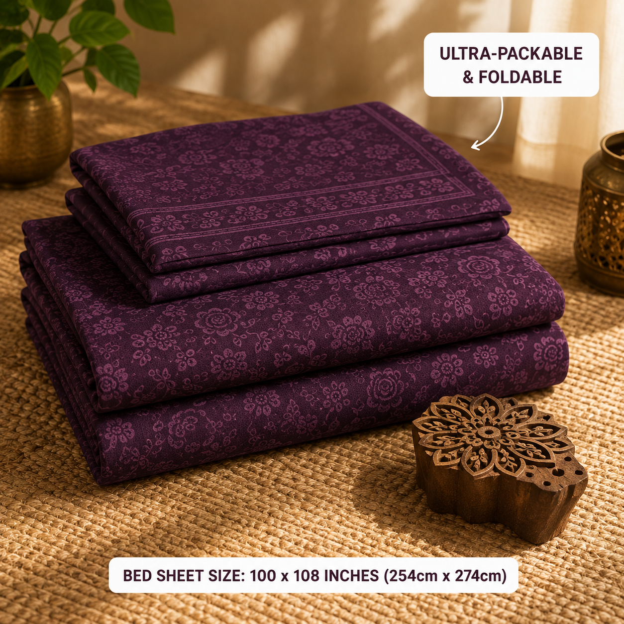 Madhavam Handlooms Deep Plum Floral Premium King Size Bedsheet Set