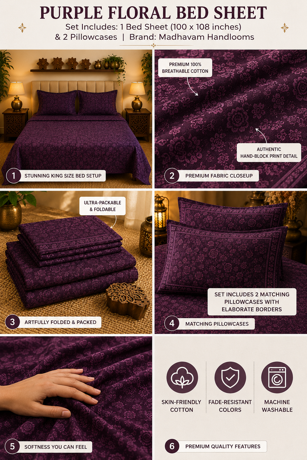 Madhavam Handlooms Deep Plum Floral Premium King Size Bedsheet Set