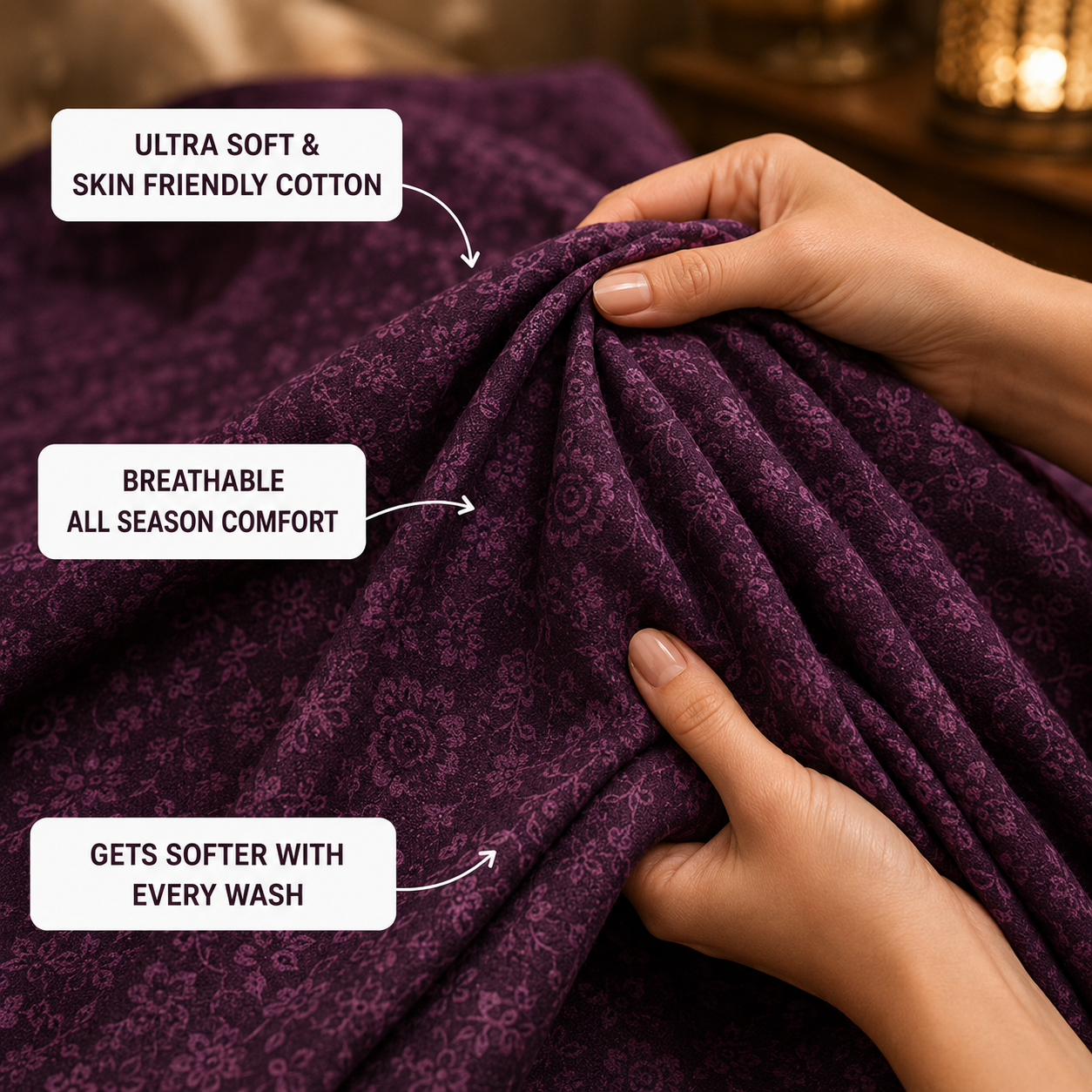 Madhavam Handlooms Deep Plum Floral Premium King Size Bedsheet Set
