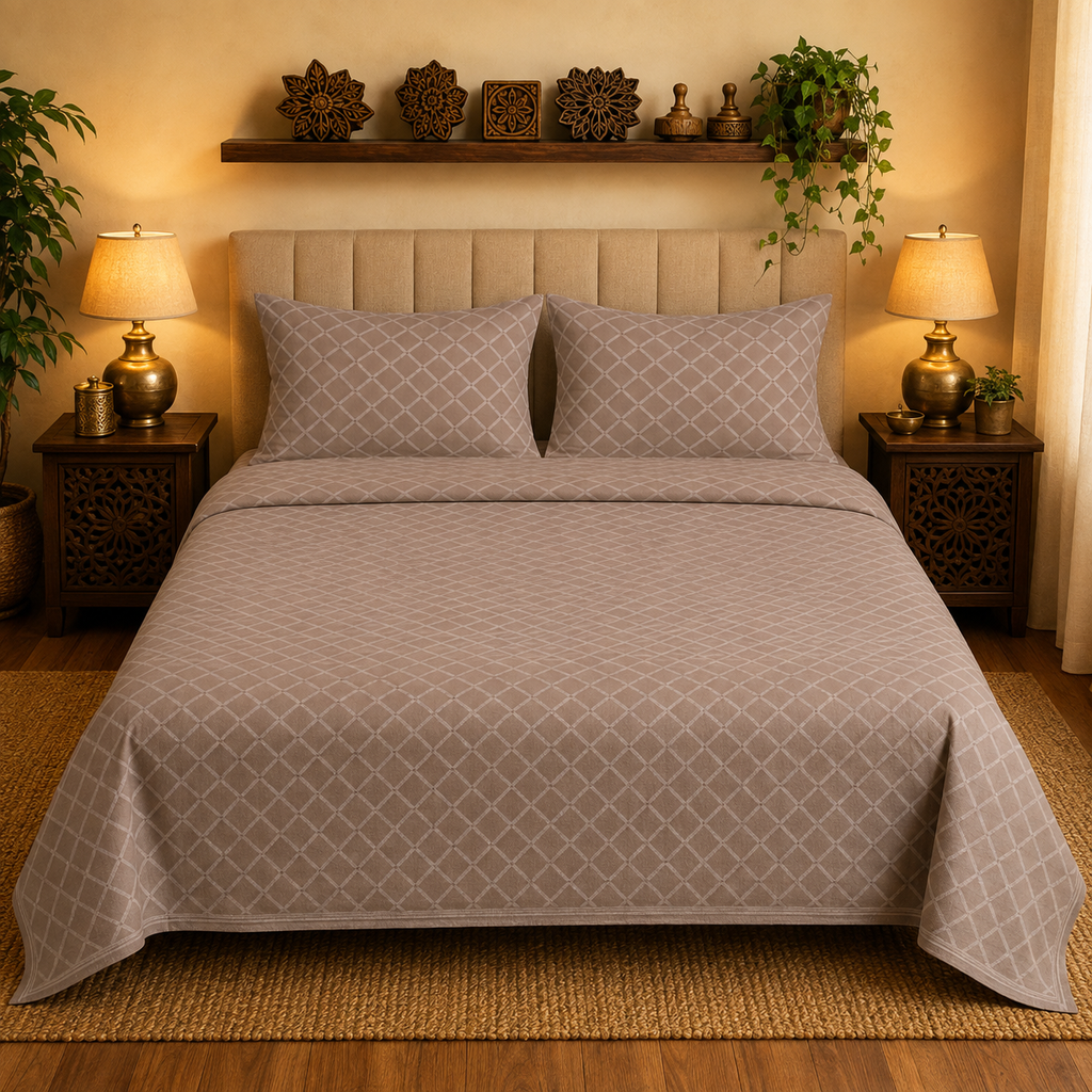 Madhavam Handlooms Taupe Diamond Lattice King Size Bedsheet Set