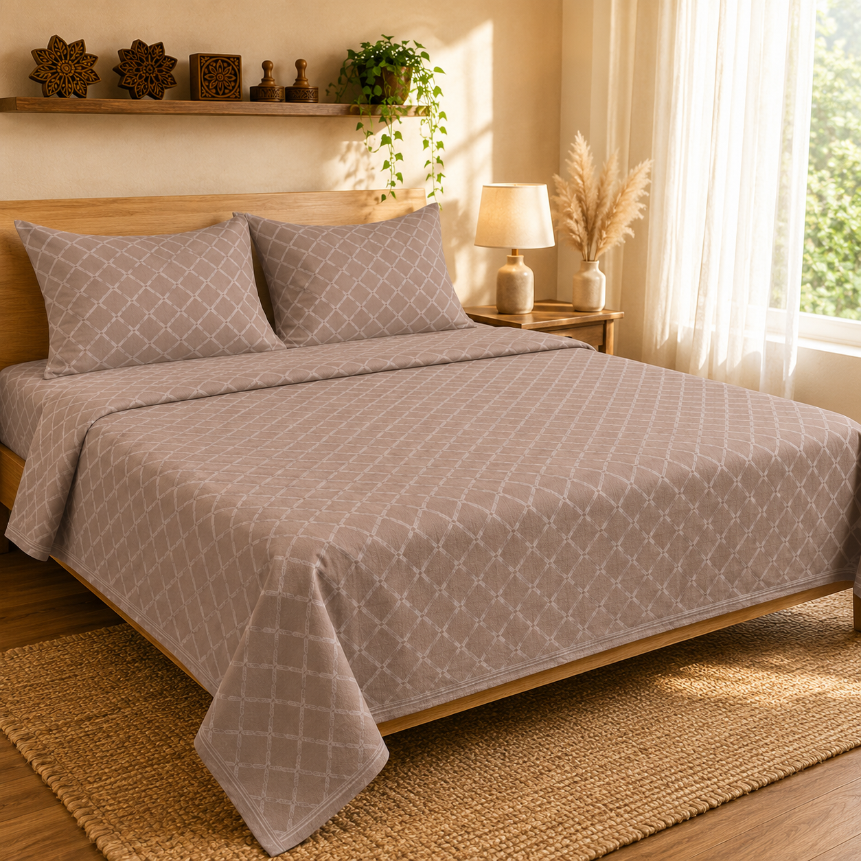Madhavam Handlooms Taupe Diamond Lattice King Size Bedsheet Set