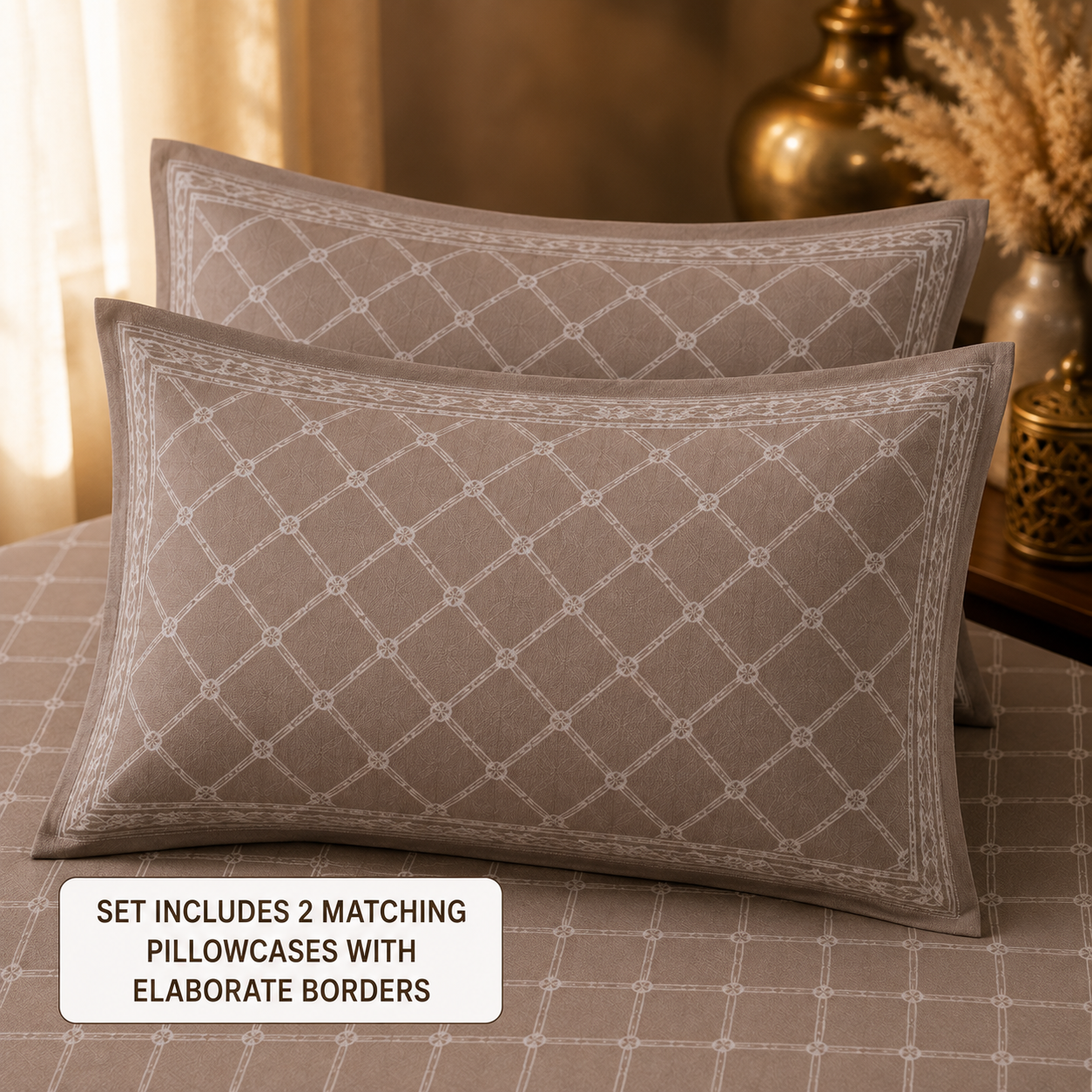 Madhavam Handlooms Taupe Diamond Lattice King Size Bedsheet Set