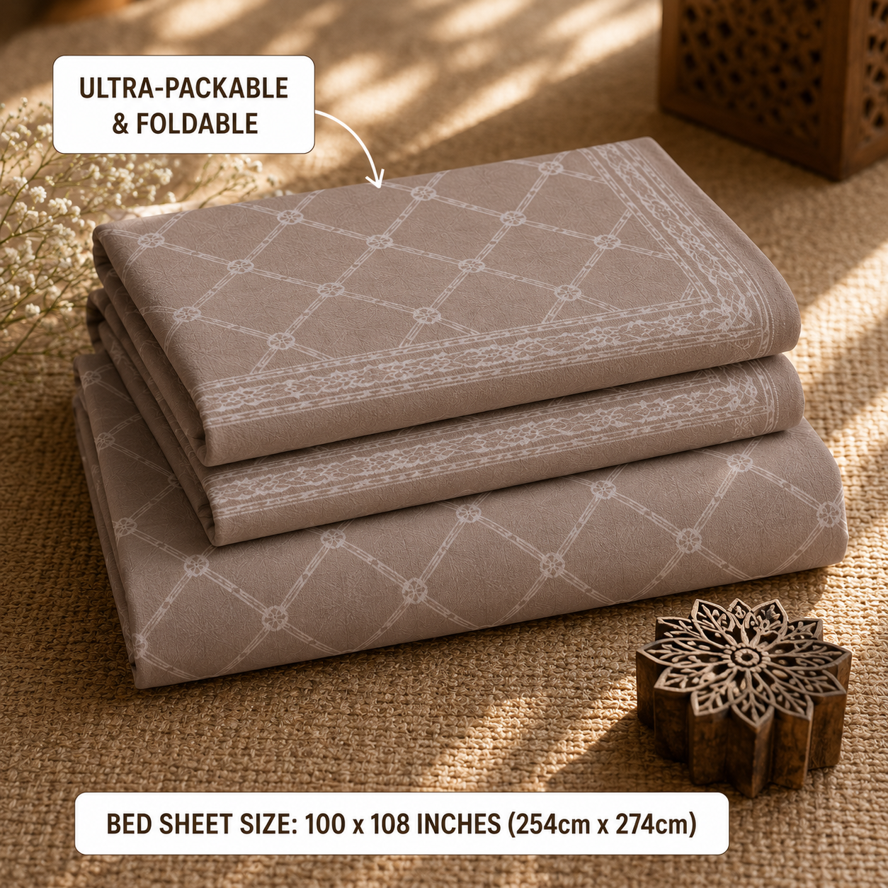 Madhavam Handlooms Taupe Diamond Lattice King Size Bedsheet Set
