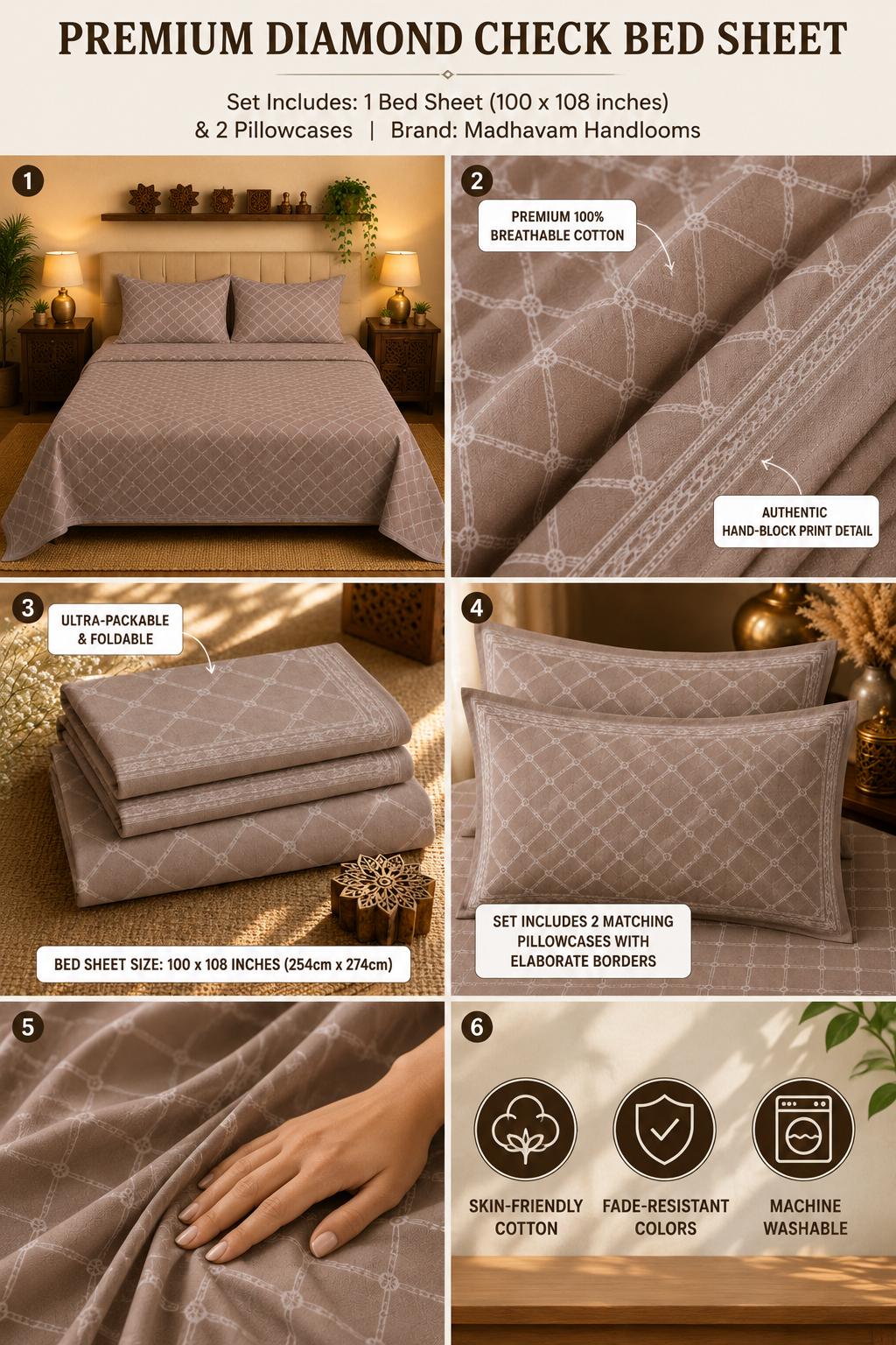 Madhavam Handlooms Taupe Diamond Lattice King Size Bedsheet Set