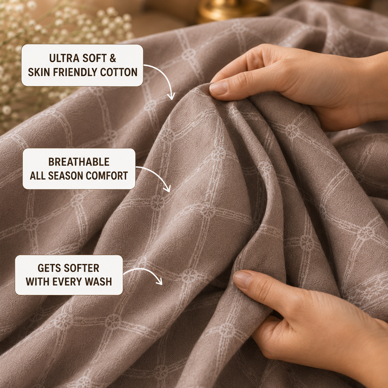 Madhavam Handlooms Taupe Diamond Lattice King Size Bedsheet Set