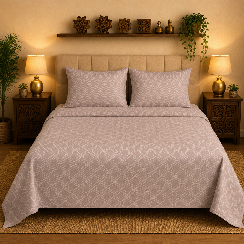Madhavam Handlooms Blush Pink Geometric Lattice King Size Bedsheet Set