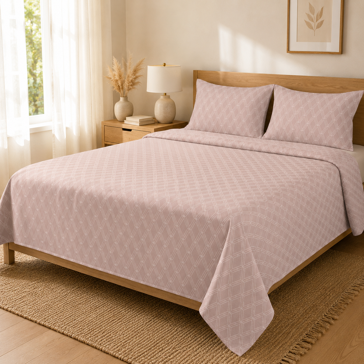 Madhavam Handlooms Blush Pink Geometric Lattice King Size Bedsheet Set