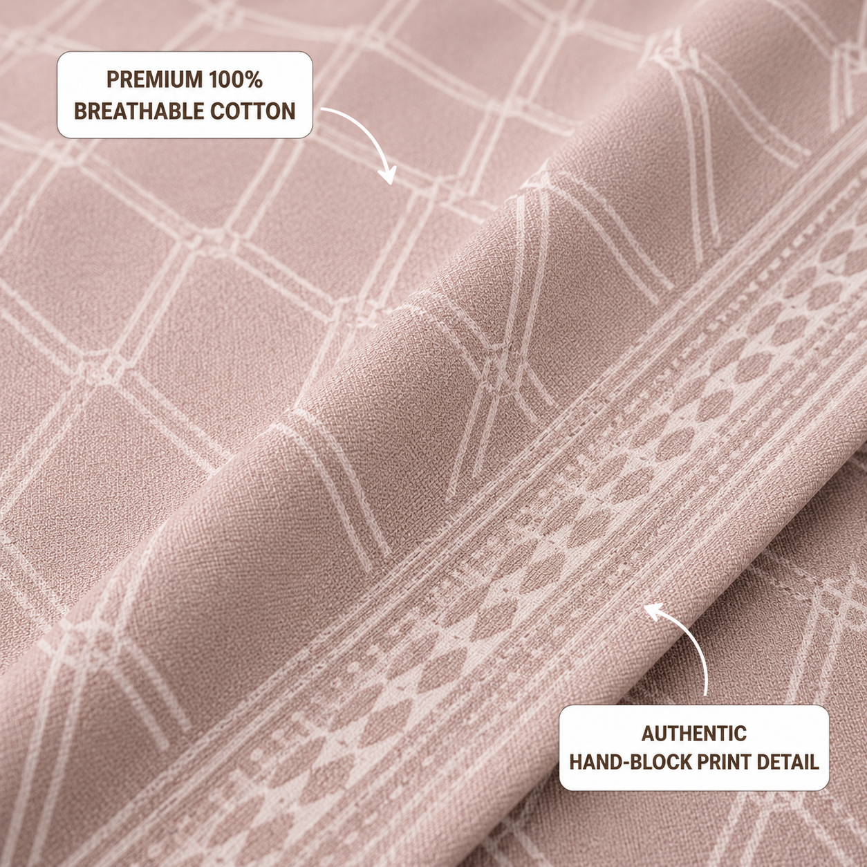 Madhavam Handlooms Blush Pink Geometric Lattice King Size Bedsheet Set