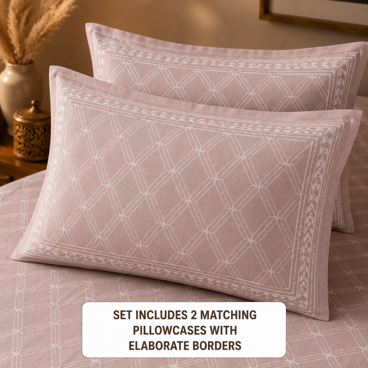 Madhavam Handlooms Blush Pink Geometric Lattice King Size Bedsheet Set
