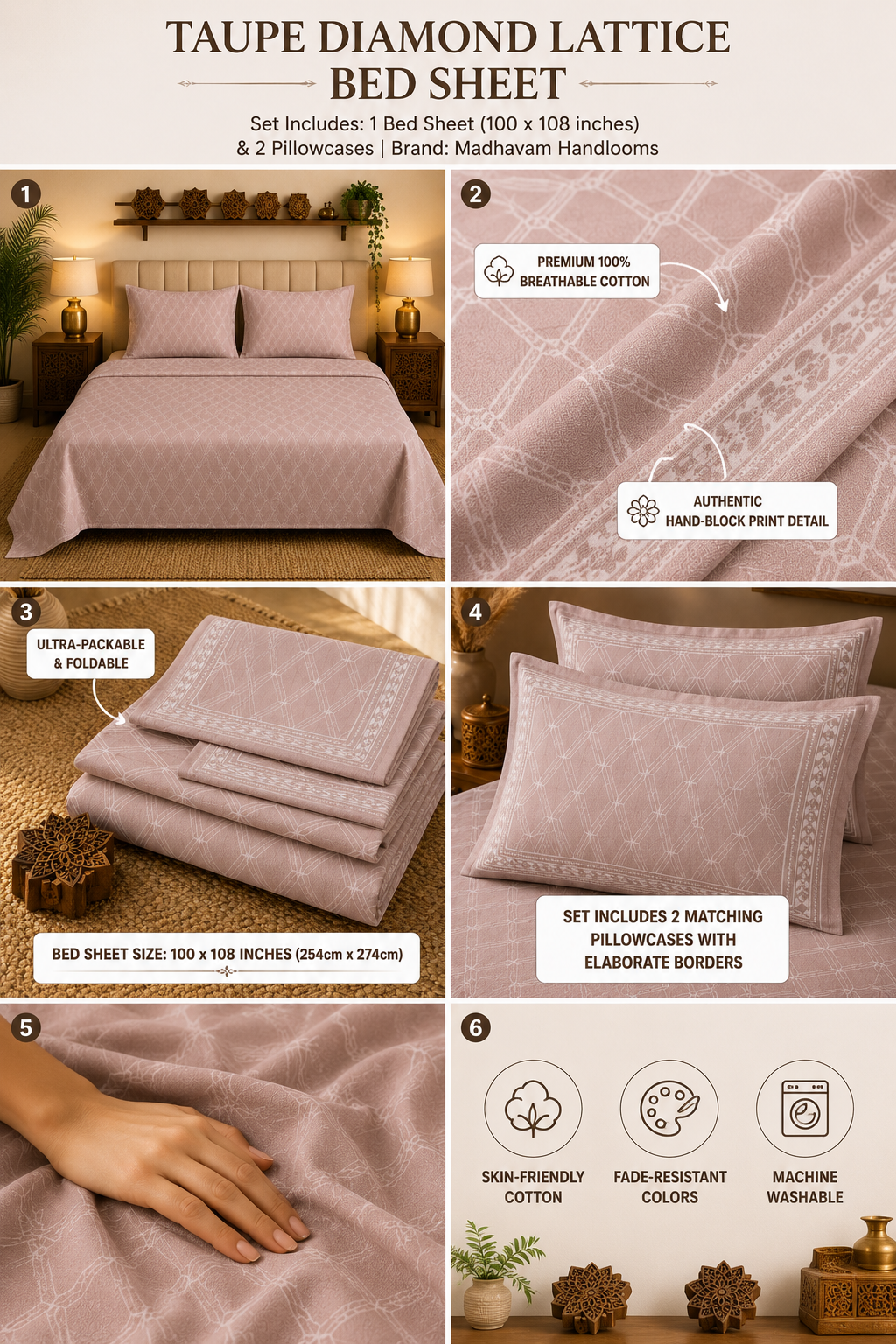 Madhavam Handlooms Blush Pink Geometric Lattice King Size Bedsheet Set