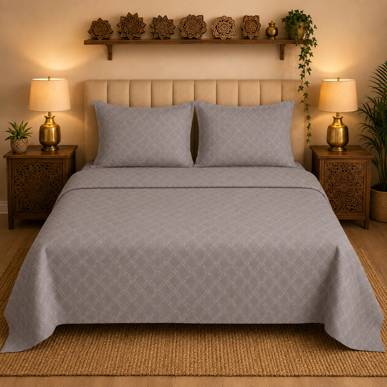 Madhavam Handlooms Grey Geometric Premium Cotton Double Bedsheet with 2 Pillow Covers