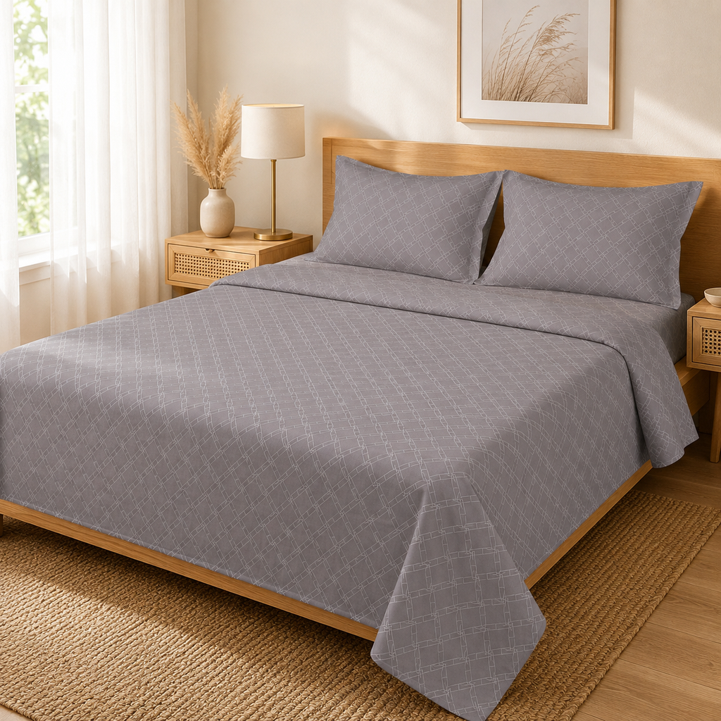 Madhavam Handlooms Grey Geometric Premium Cotton Double Bedsheet with 2 Pillow Covers