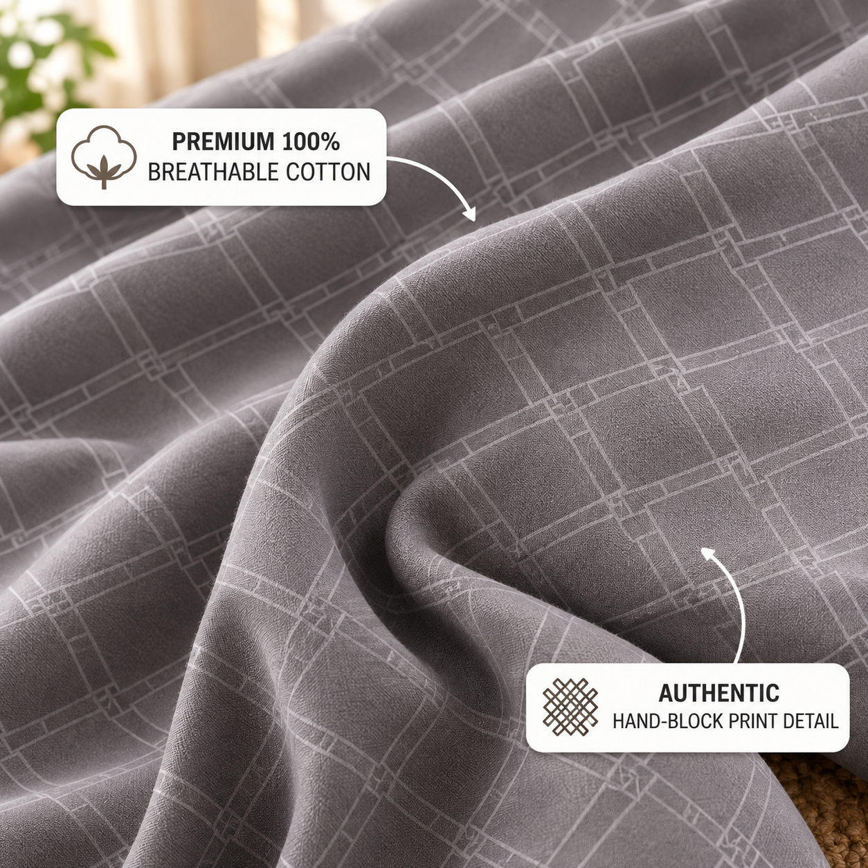 Madhavam Handlooms Grey Geometric Premium Cotton Double Bedsheet with 2 Pillow Covers