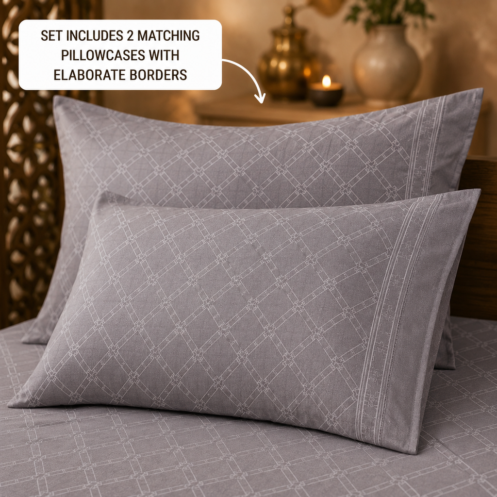Madhavam Handlooms Grey Geometric Premium Cotton Double Bedsheet with 2 Pillow Covers