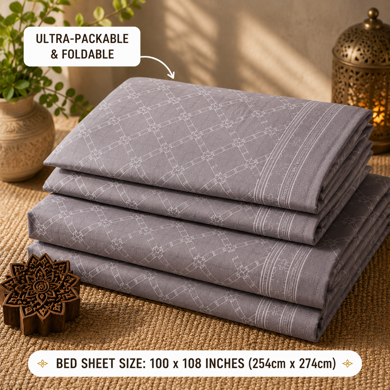 Madhavam Handlooms Grey Geometric Premium Cotton Double Bedsheet with 2 Pillow Covers