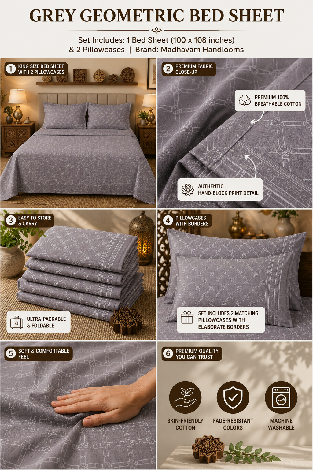 Madhavam Handlooms Grey Geometric Premium Cotton Double Bedsheet with 2 Pillow Covers